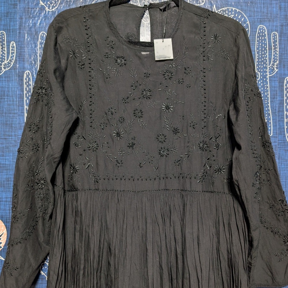 Zara Cotton Blend Embroidered Beaded Long Sleeve Maxi Dress Black Medium - Picture 4 of 12